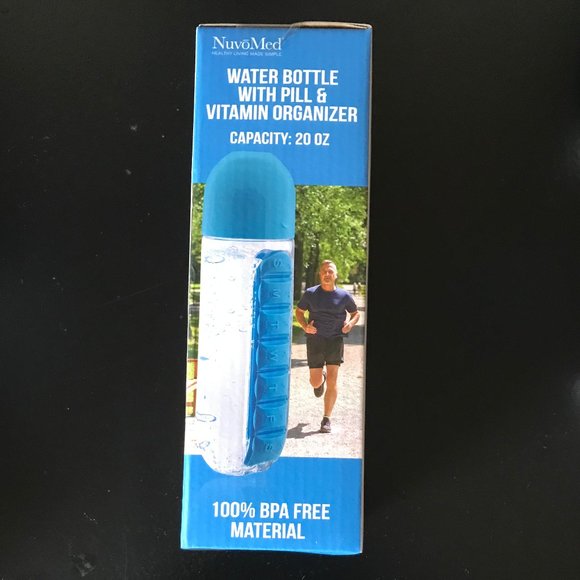 BLUE NUVOMED WATER BOTTLE WITH PILL AND VITAMIN ORGANIZER, BRAND NEW IN BOX - Picture 2 of 4